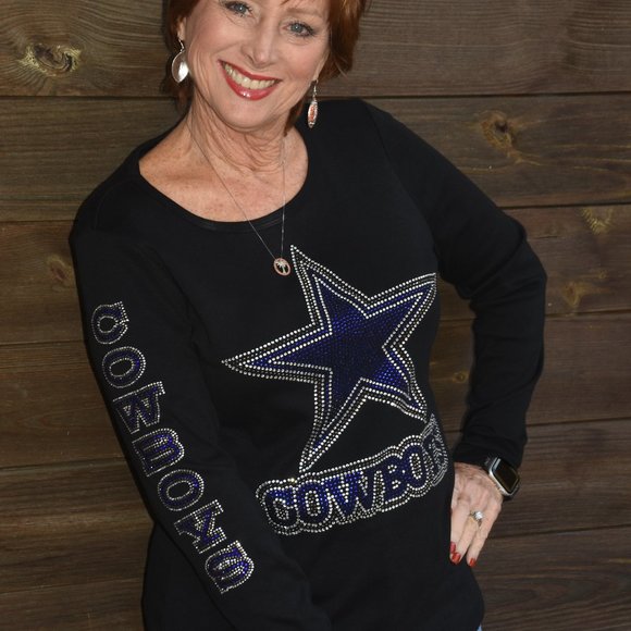 Cowboys rhinestone long sleeve shirt w/ Cowboys sleeve XS S M L XL XXL 1X2X3X4X - Picture 6 of 7